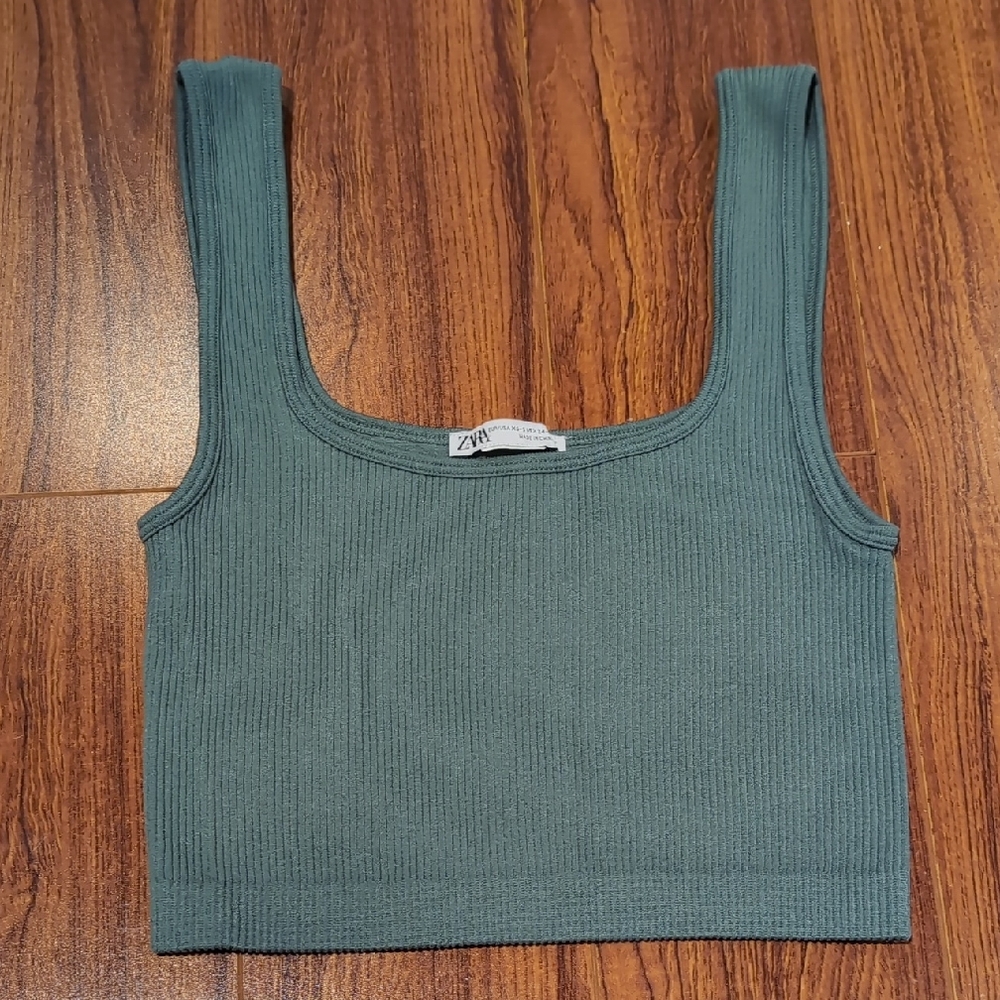 Zara Green Fitted Ribbed Tank Top